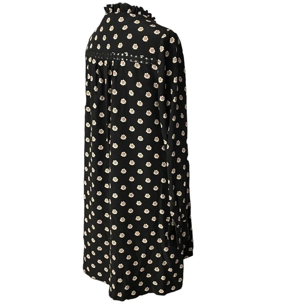 Kate Spade Ditsy Floral Pintuck Pleats Daisy Crochet Trim Popover Silk Black XS